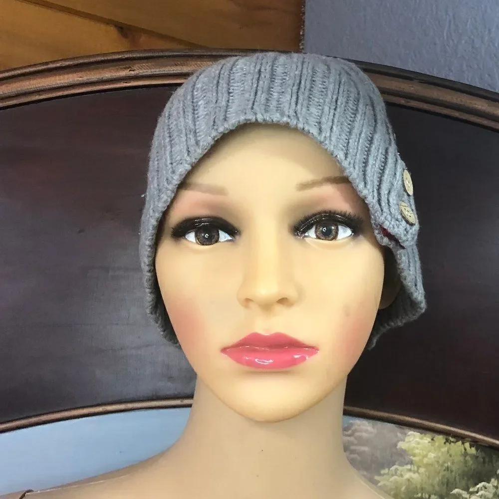 Grey Beanie with tan buttons on side